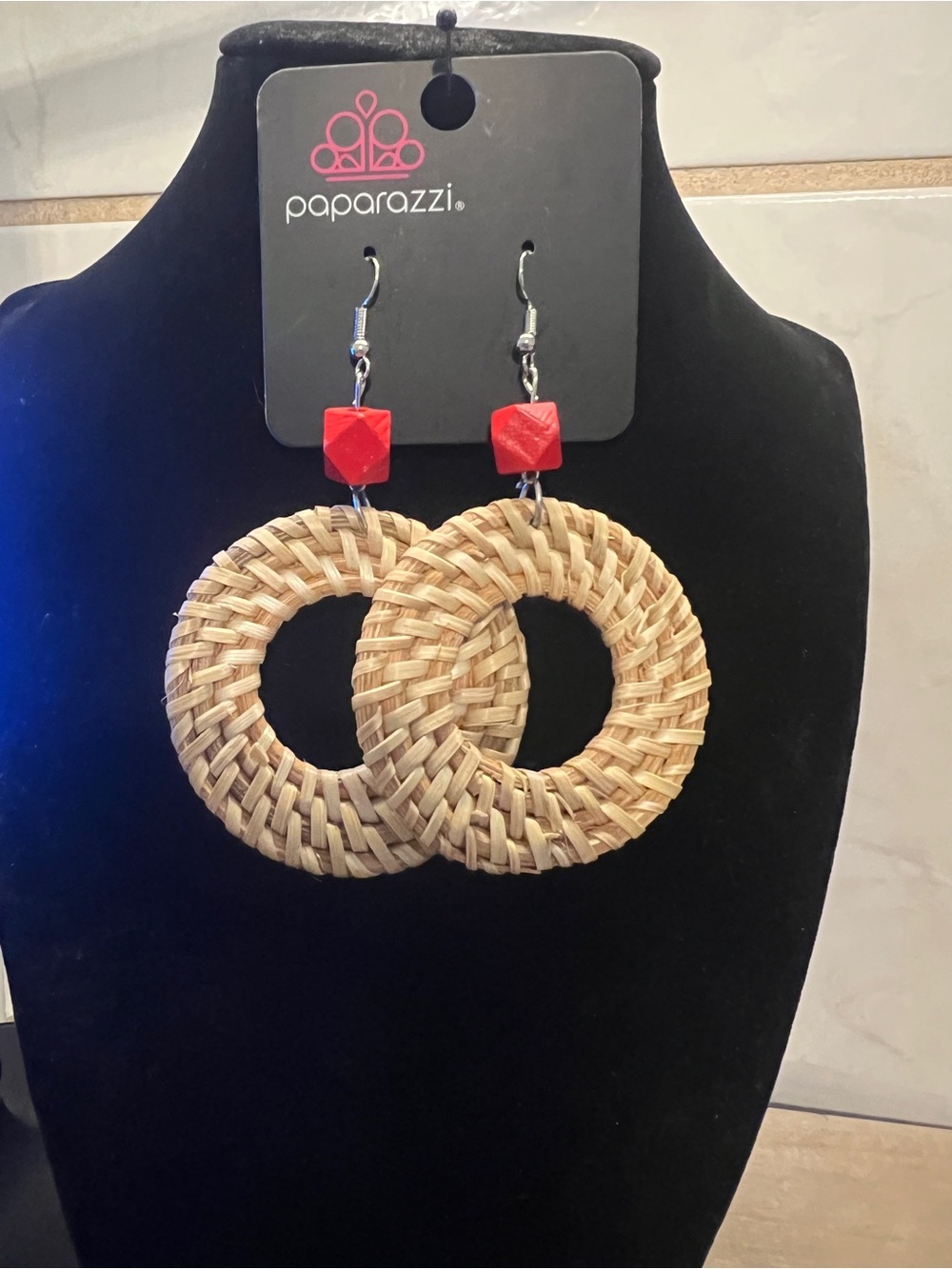 Paparazzi Red Bead Natural Woven Hoop Earrings